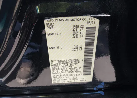2015 Nissan Altima 2.5 Sv z USA, uszkodzony, nr VIN 1N4AL3AP9FC466807